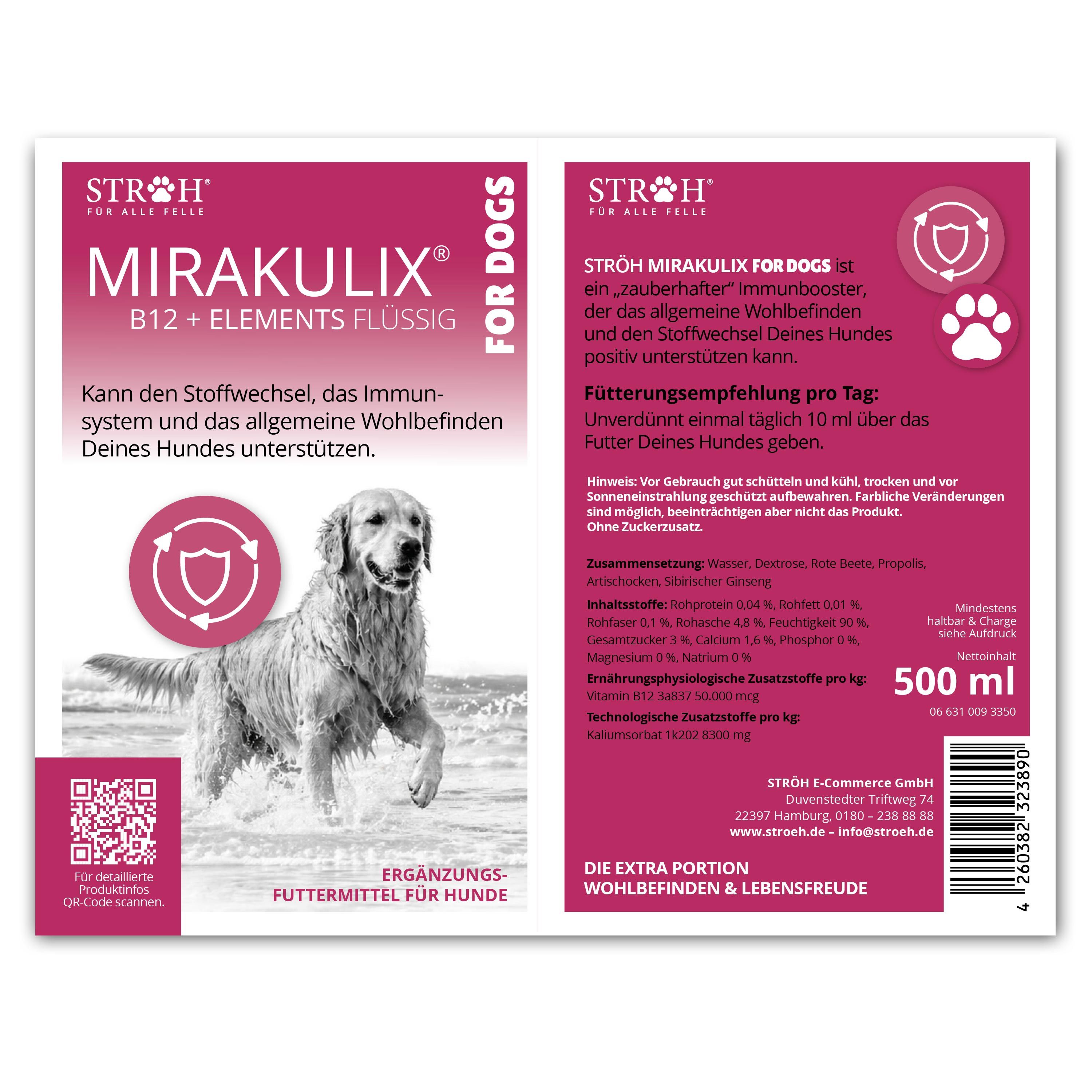 Etikett der Dosierflasche MIRAKULIX für Hunde. Enthält B12 + Elemente flüssig. Mit Hundefoto und Produktinformationen.