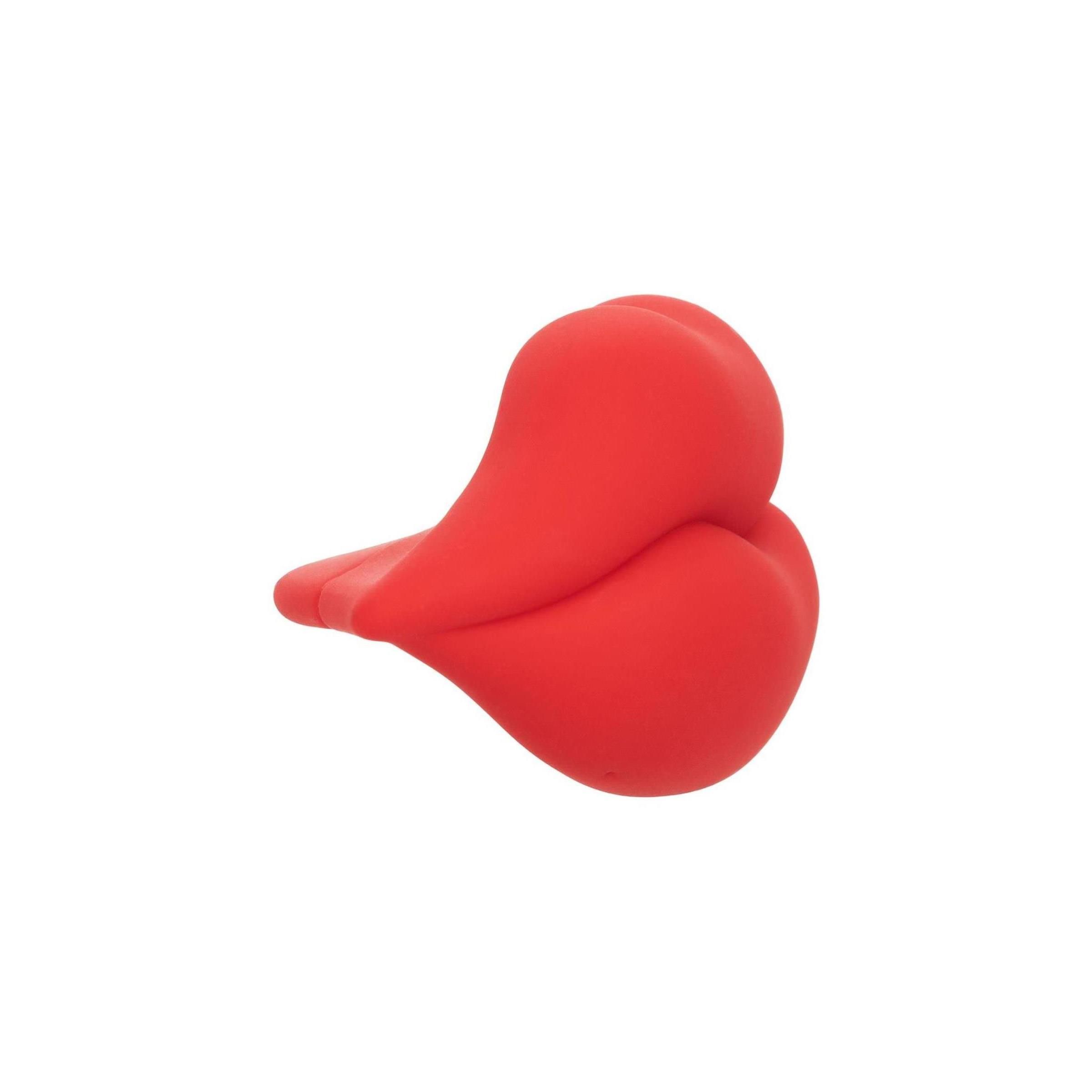 Roter, lippenförmiger Mini-Vibrator. Ansicht von der Seite, abgerundete Form. Auf weißem Hintergrund.