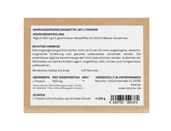 Naturkur L-Theanin Pulver, 150g Packung mit Dosierlöffel und Holzklammer.