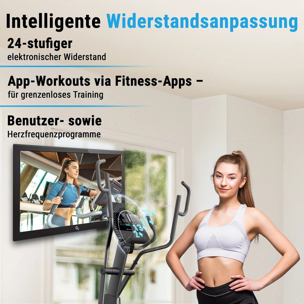 Frau trainiert auf Crosstrainer, daneben ein Bildschirm mit Trainingsansicht.