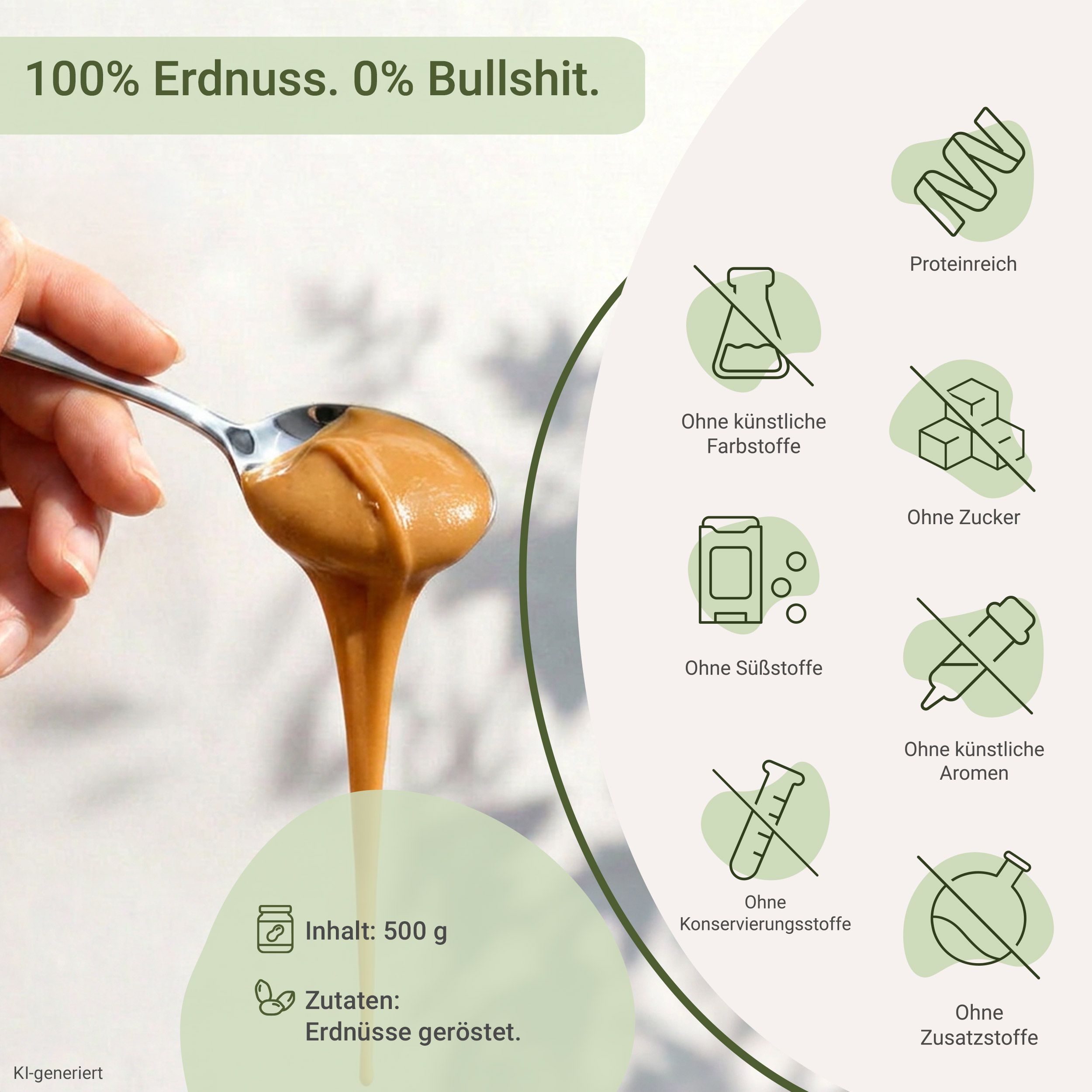 Löffel mit cremiger Erdnussbutter über einer Schüssel. Icons zeigen 'Ohne künstliche Farbstoffe', 'Ohne Zucker'.