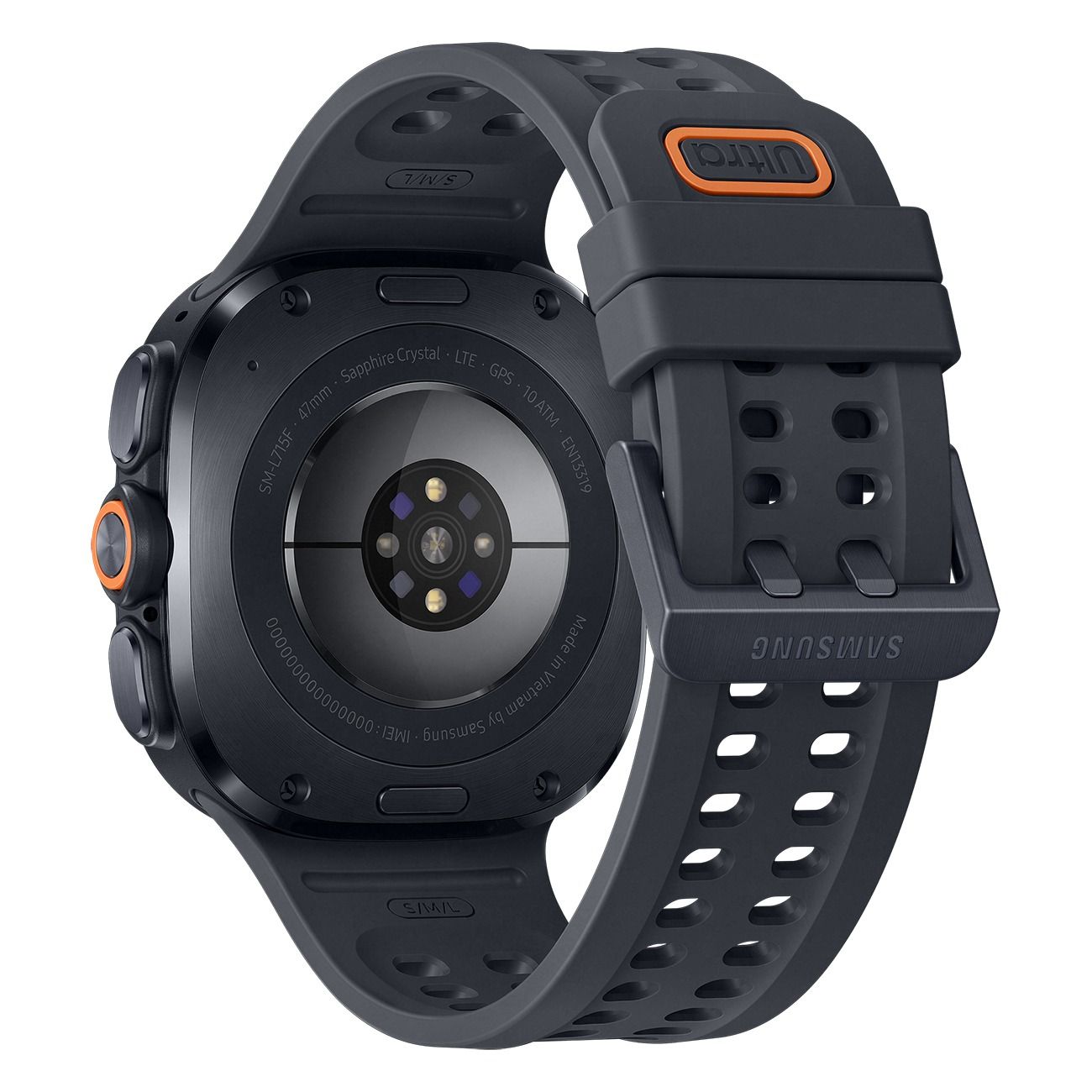 Rückseite einer dunklen Smartwatch mit Herzfrequenzsensor und schwarzem Armband mit orangefarbenen Akzenten.