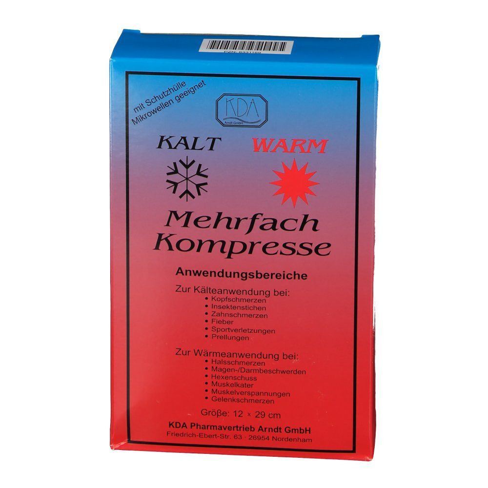 KDA® Mehrfachkompresse-Verpackung. Blau-roter Karton mit Produktnamen und Anwendungsbereichen. Größe: 12 x 20 cm.