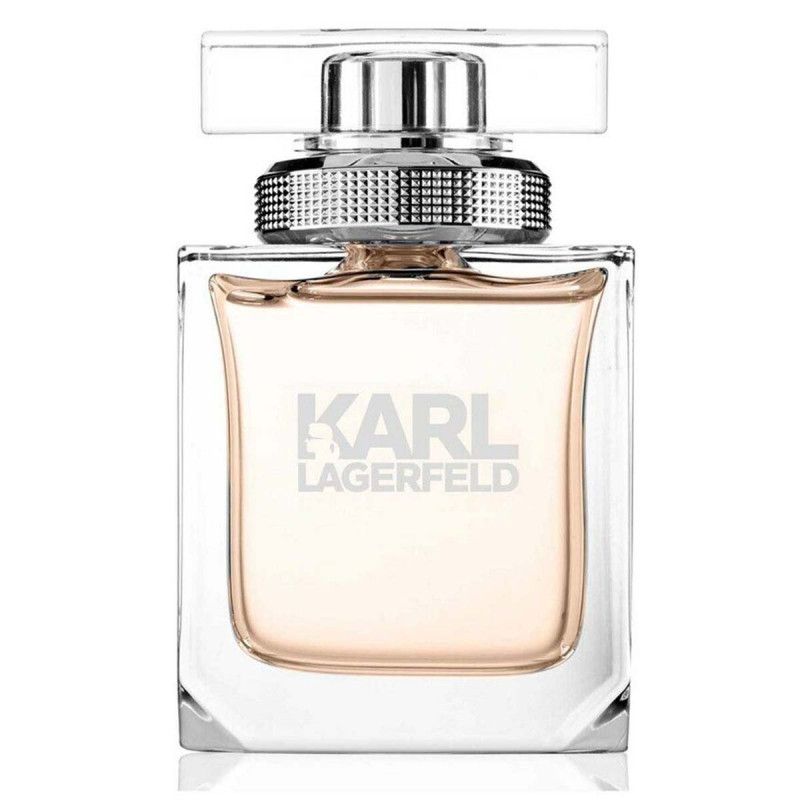 Karl Lagerfeld Parfümflakon aus Glas mit silbernem Verschluss und Etikett.