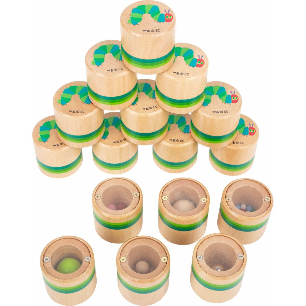 Holzzylinder mit Raupenmotiv und farbigen Streifen. Einige Zylinder sind geöffnet und zeigen Kugeln.