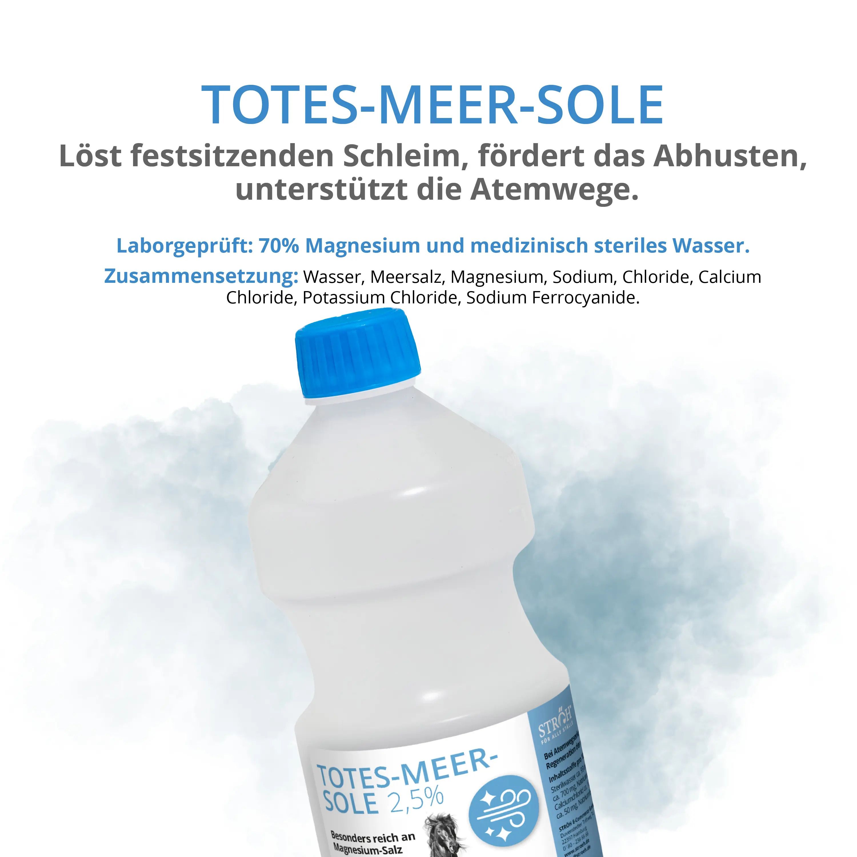 Flasche STRÖH Totes-Meer-Sole 2,5% mit blauem Deckel. Text und Inhaltsstoffe auf dem Etikett. Kleines Glas daneben.