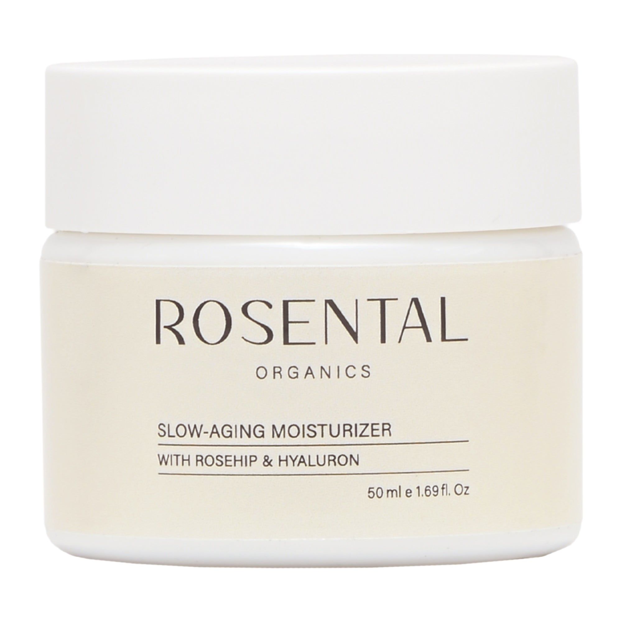 Cremebehälter mit weißem Deckel. Aufschrift: Rosental Organics, Slow-Aging Moisturizer, mit Hagebutte & Hyaluron.