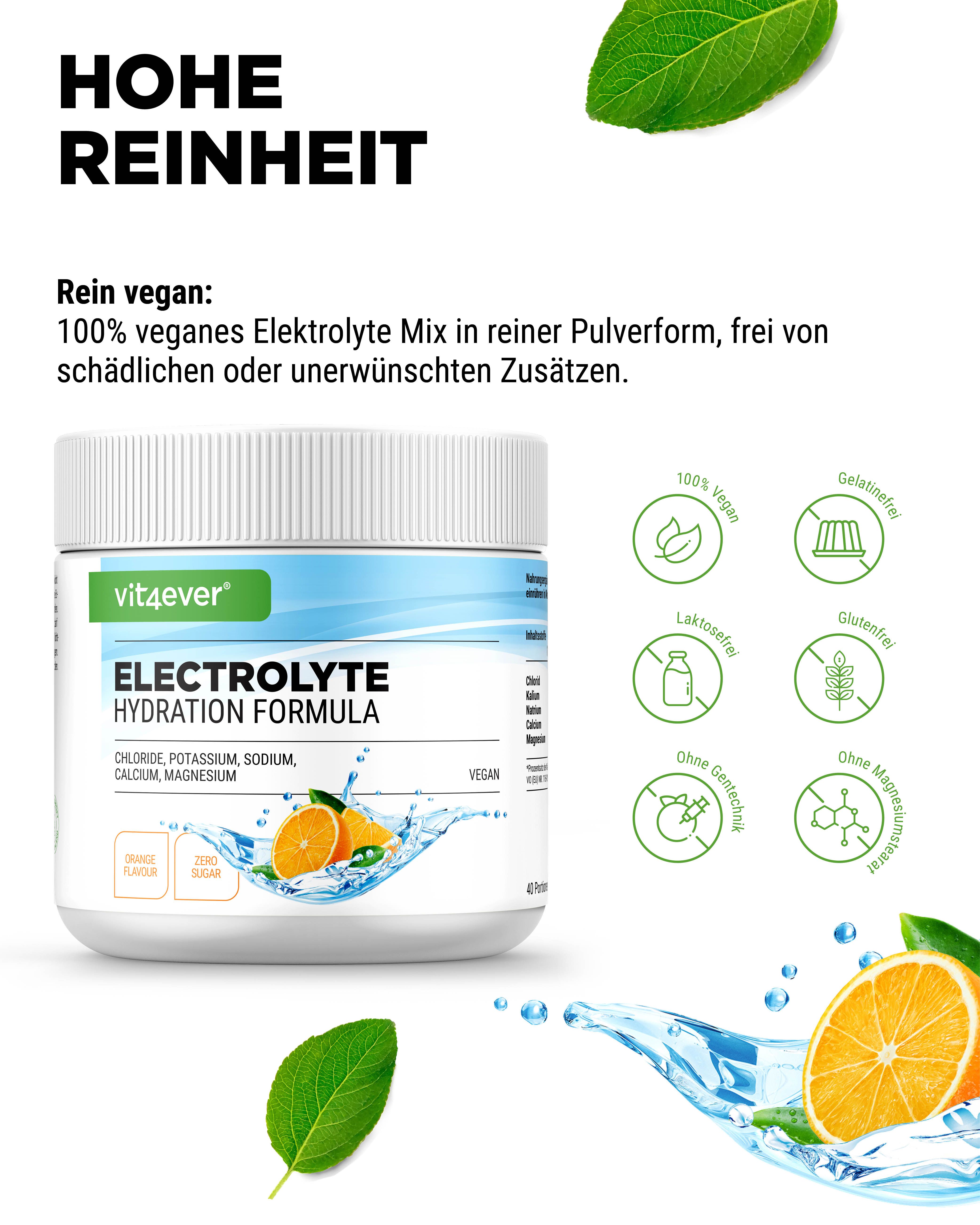 Vit4ever Elektrolyte Pulver in Dose. Aufschrift: Electrolyte Hydration Formula. Mit Orangen und Wasser. Vegan, glutenfrei, laktosefrei.