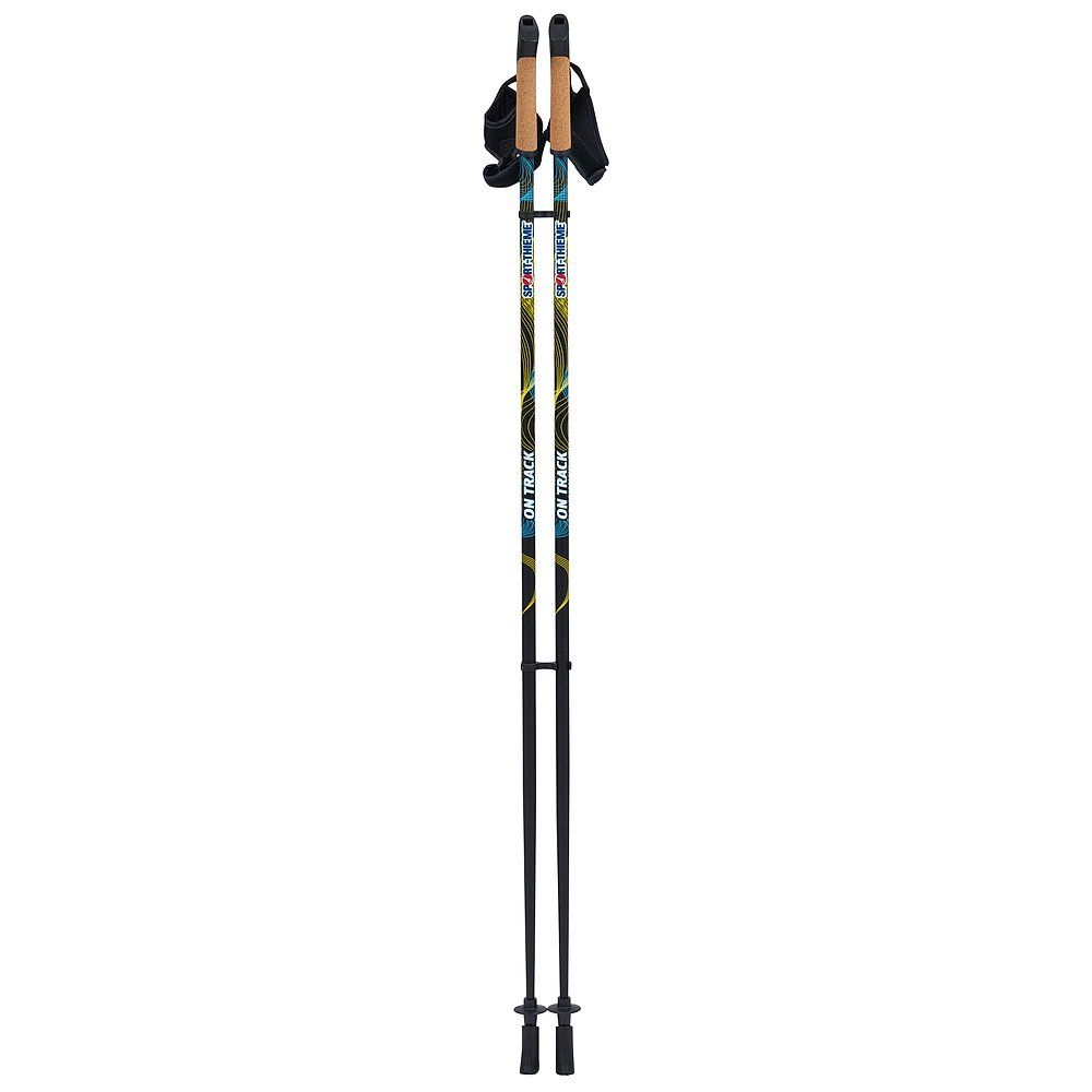 Zwei Nordic-Walking-Stöcke. Schwarze Stangen mit gelben und blauen Akzenten. Korkgriffe und Handschlaufen. Aufschrift "ON TRACK".