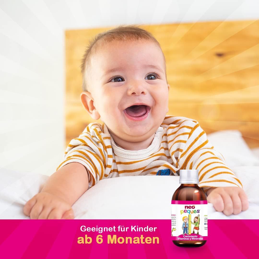 Baby lacht. Braune Flasche mit weißem Deckel. Etikett mit Produktnamen und Illustrationen. Text: Geeignet für Kinder ab 6 Monaten.