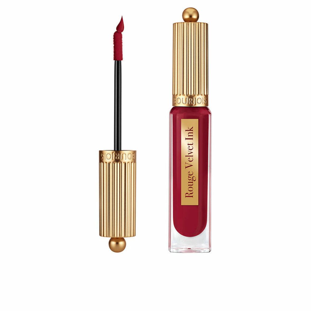 Roter Lippenstift in Glasflasche. Goldfarbener Deckel und Applikator. Produktname: Rouge Velvet Ink.