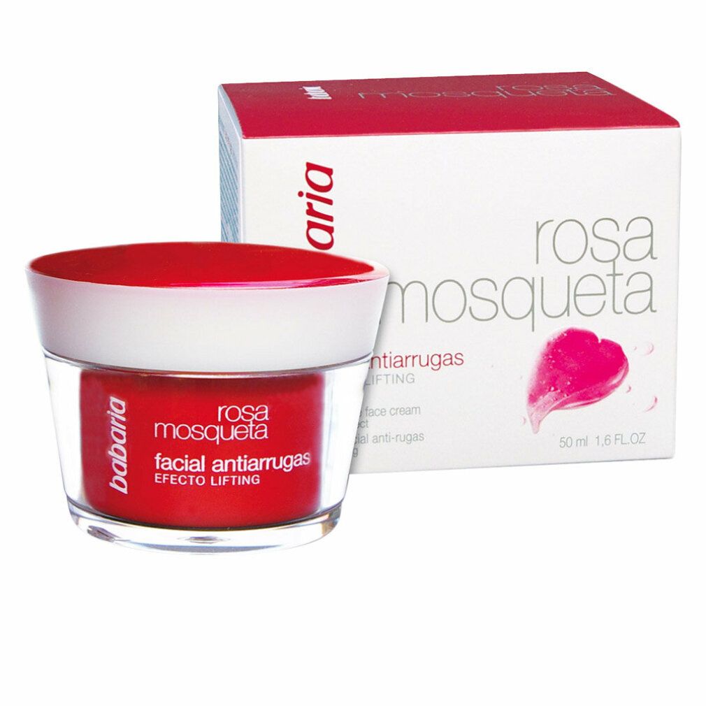 Creme-Tiegel und Schachtel. Aufschrift: Babaria, Rosa Mosqueta, facial antiarrugas, efecto lifting. Roter Tiegel, weiße Kappe.