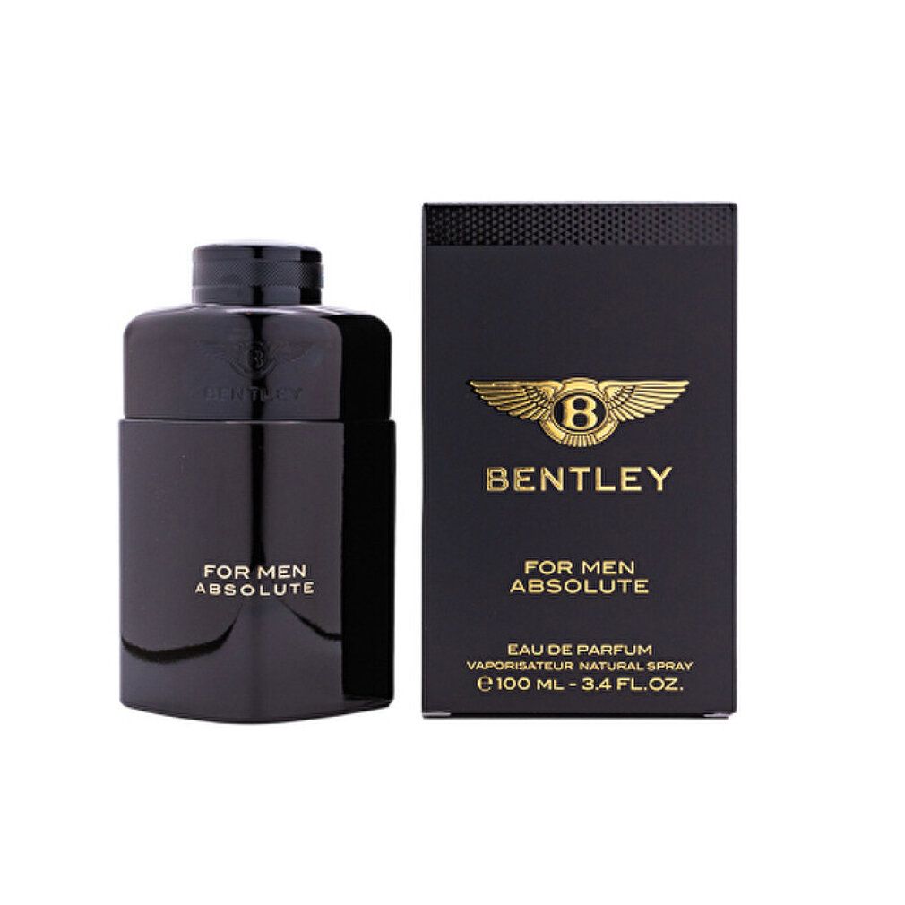 Schwarze Bentley-Parfümflasche und -Schachtel. Aufschrift: Bentley For Men Absolute Eau de Parfum. Goldfarbenes Logo.