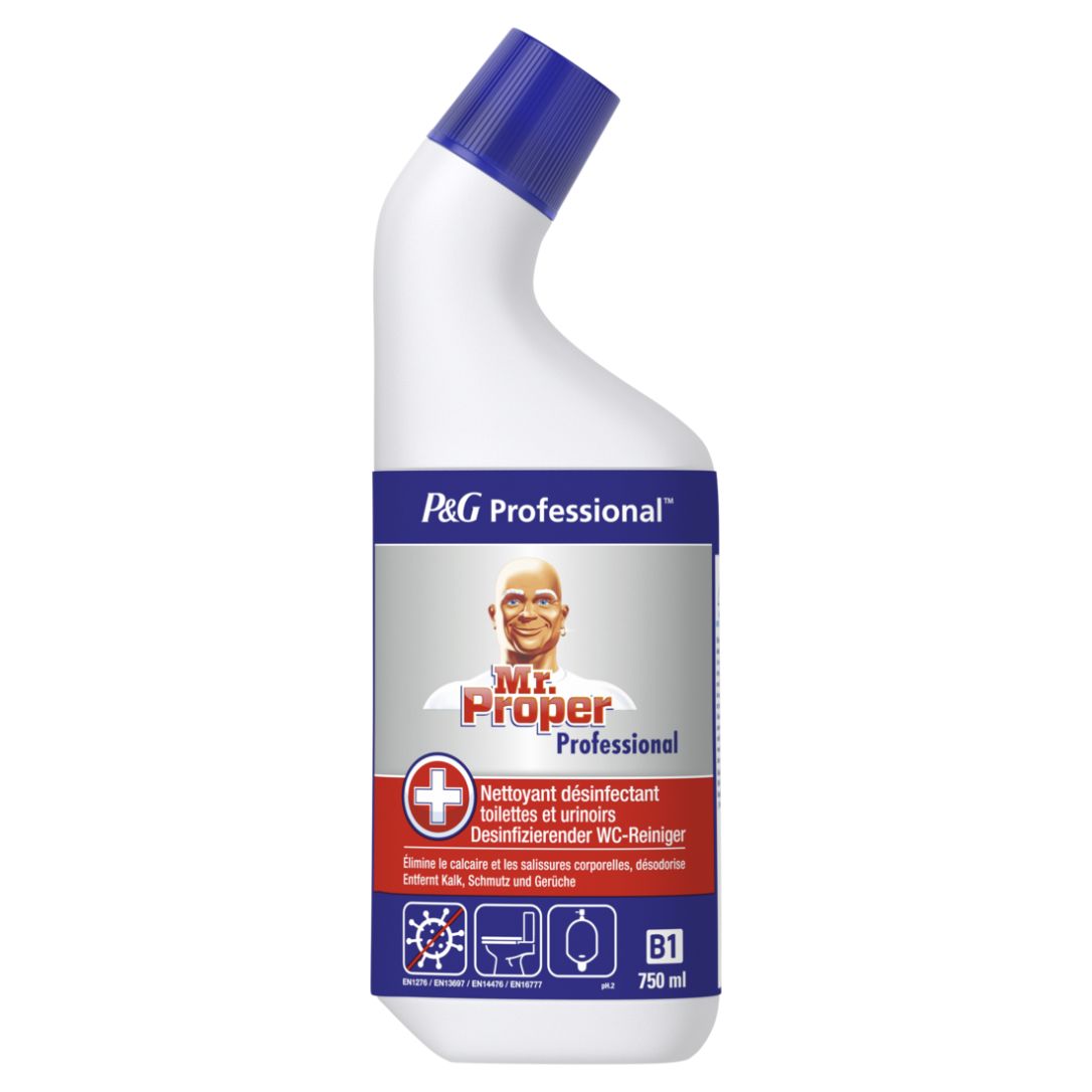Weiße Flasche mit blauem Deckel. Aufschrift: P&G Professional, Mr. Proper. Desinfizierender WC-Reiniger. Mit Logo und Piktogrammen.