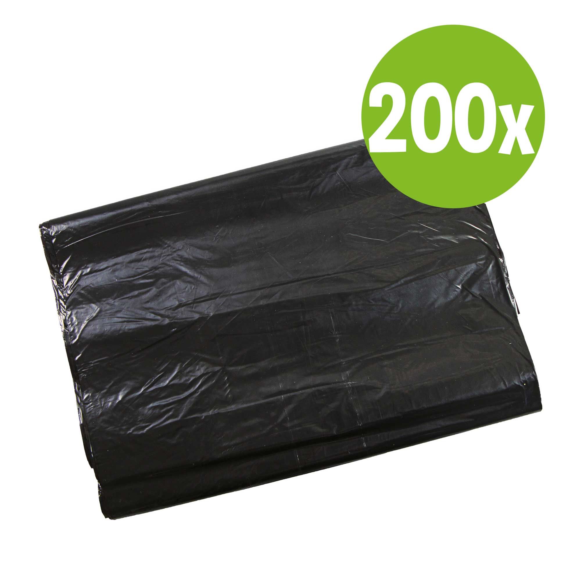 Schwarze Hundekotbeutel, flach verpackt. Ein grüner Kreis zeigt die Anzahl 200x.