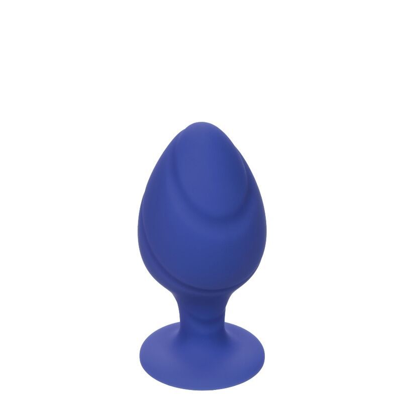 Blauer Analplug aus Silikon. Strukturierte Oberfläche mit spiralförmigen Rillen. Basis mit rundem Fuß.