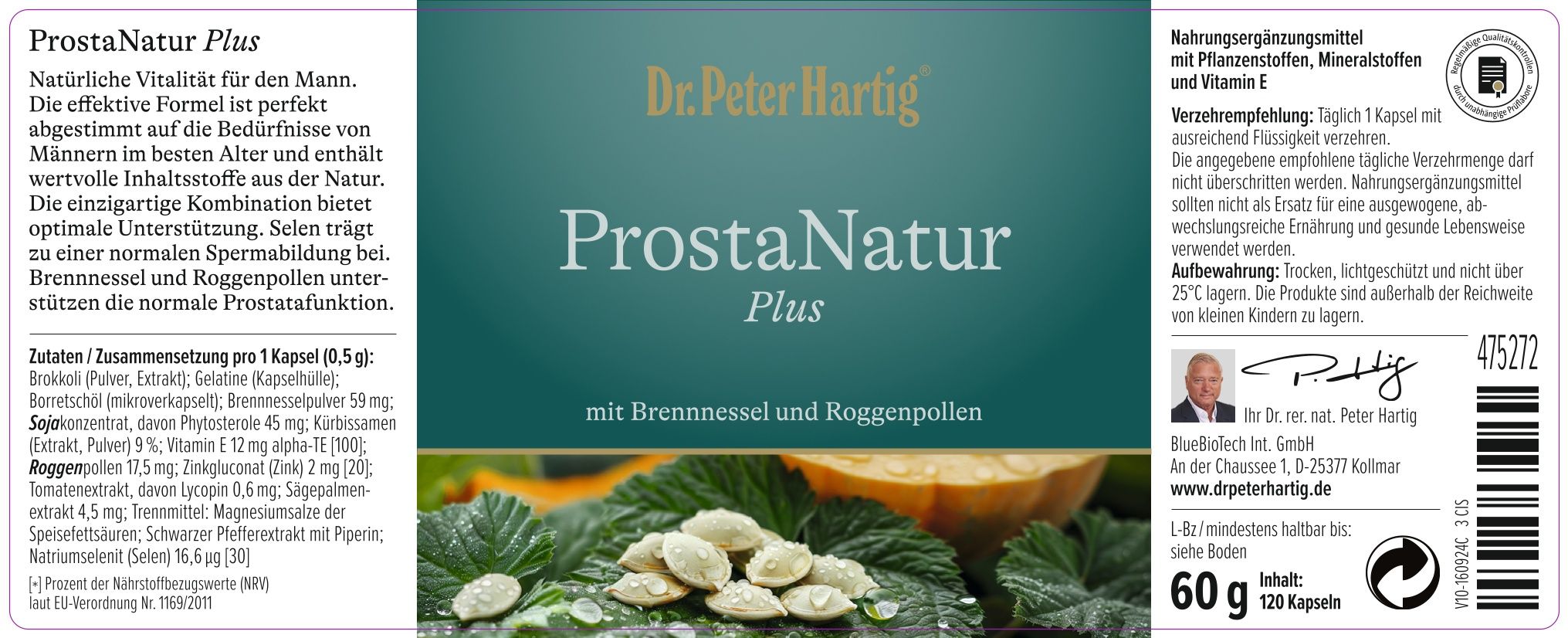 Mann am Tisch, vor ihm eine Produktverpackung und eine Flasche. Text: Bekannt aus dem TV. Dr. Peter Hartig.