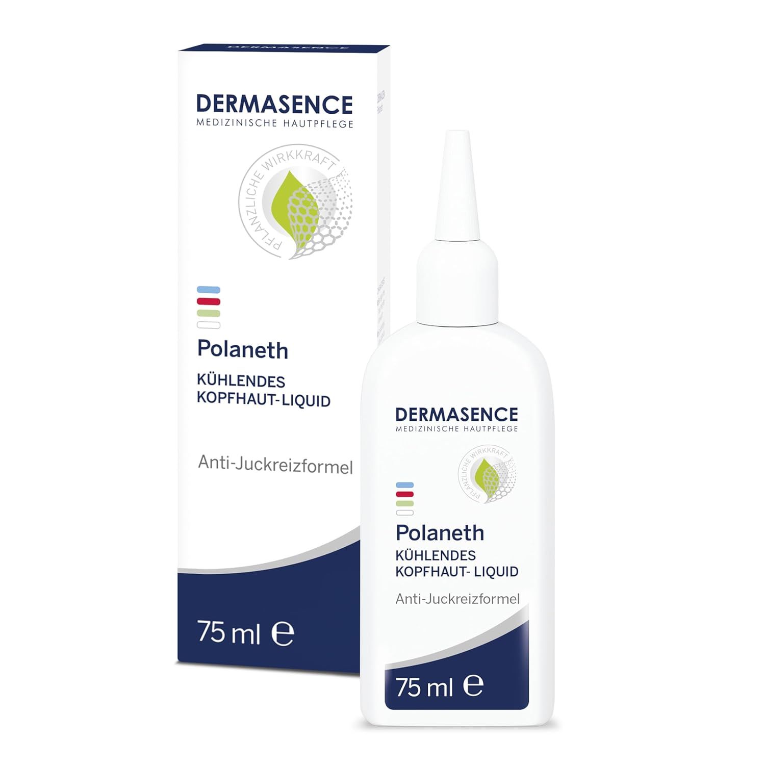 DERMASENCE Polaneth Liquid, Flasche und Verpackung. Flasche mit Applikator. Text: Kühlendes Kopfhaut-Liquid, Anti-Juckreizformel. 75 ml.