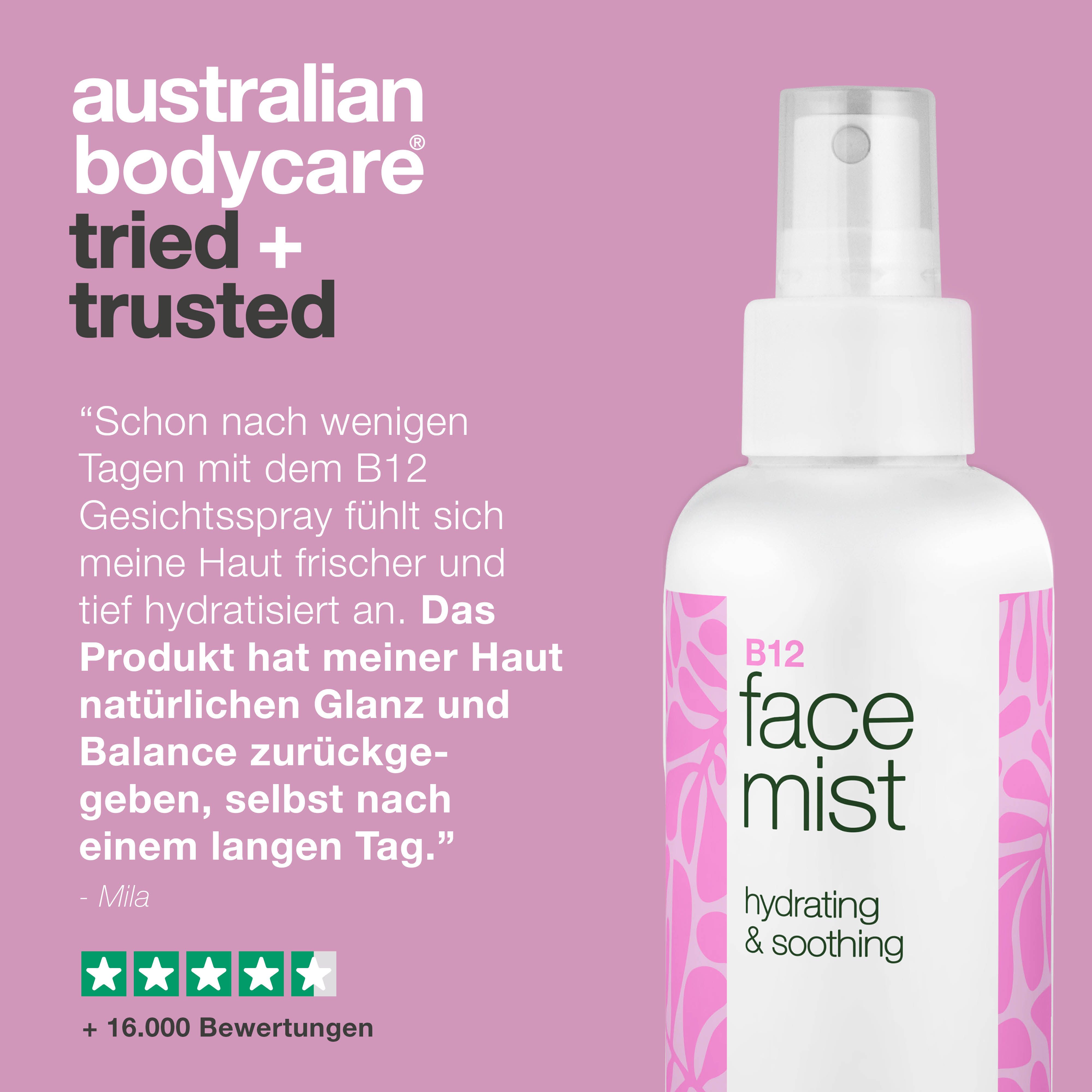 Sprühflasche mit Text: Australian Bodycare, tried + trusted. B12 Face Mist, hydrating & soothing. Sterne-Bewertung.