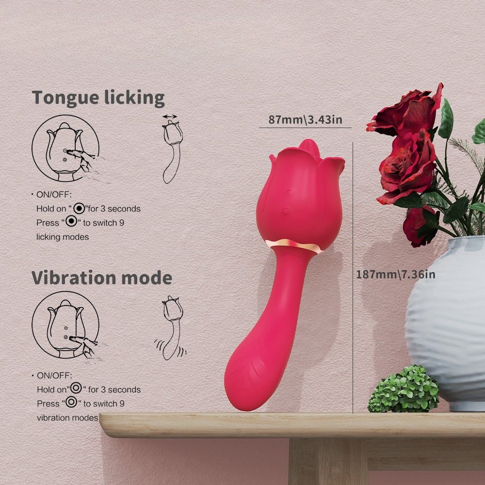 Roter Vibrator in Rosenform. Mit einem Stiel und einem blütenförmigen Kopf. Abgebildet mit Zubehör.
