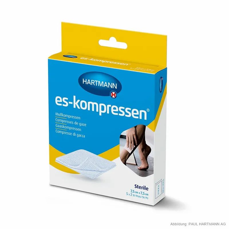Verpackung mit Hartmann ES-Kompressen. Blaue Box mit Produktnamen und Logo. Sterile Kompressen, 7,5x7,5 cm.