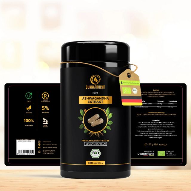 SUNNAFRUCHT BIO Ashwagandha Extrakt, 180 vegane Kapseln, KSM-66®, hergestellt in Deutschland.