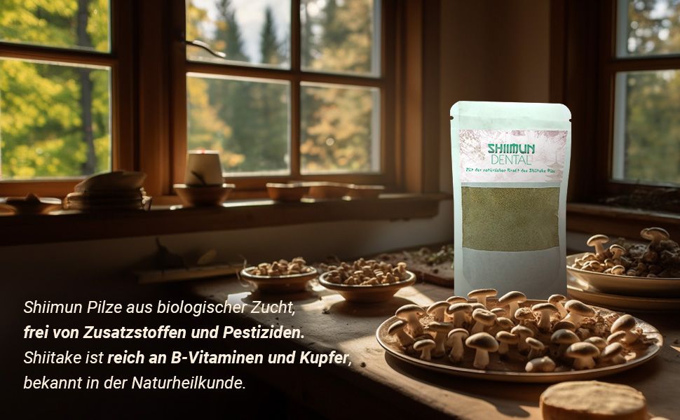 Produktverpackung mit Shiimun Dental. Shiitake-Pilze auf einem Teller. Text über Pilze und Inhaltsstoffe.