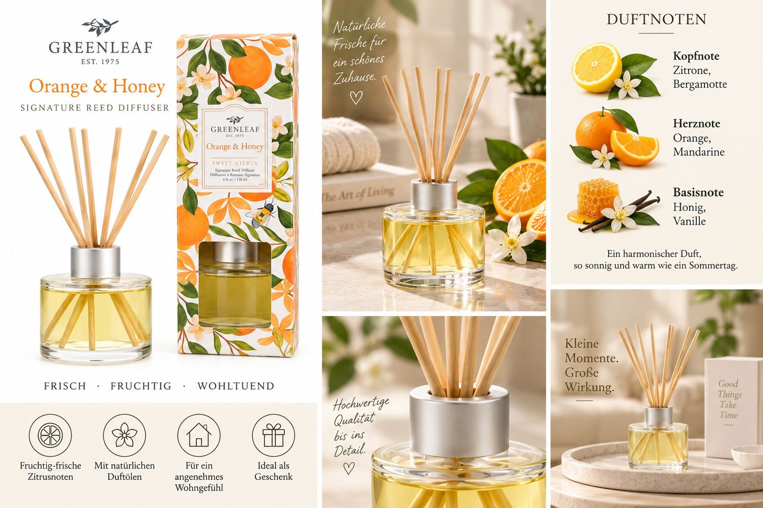 Greenleaf Orange & Honey Reed Diffuser mit Duftnoten von Zitrone, Orange, Honig und Vanille.