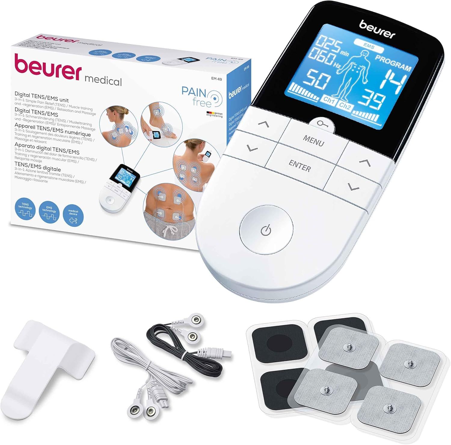 Gerät, Verpackung und Zubehör. Text: Digital TENS/EMS unit. Marke: beurer medical. Enthält Elektroden, Kabel.