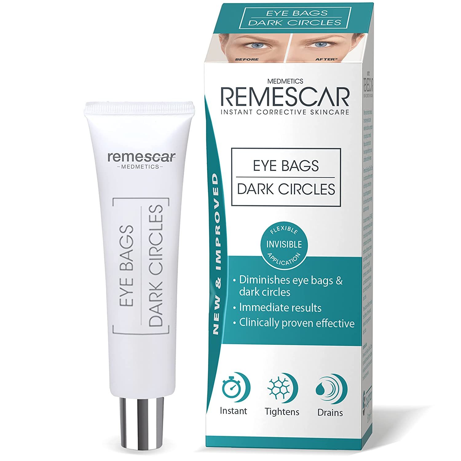 Creme-Tube und Schachtel. Auf der Tube steht "Eye Bags Dark Circles". Die Schachtel zeigt ein Gesicht und Text.
