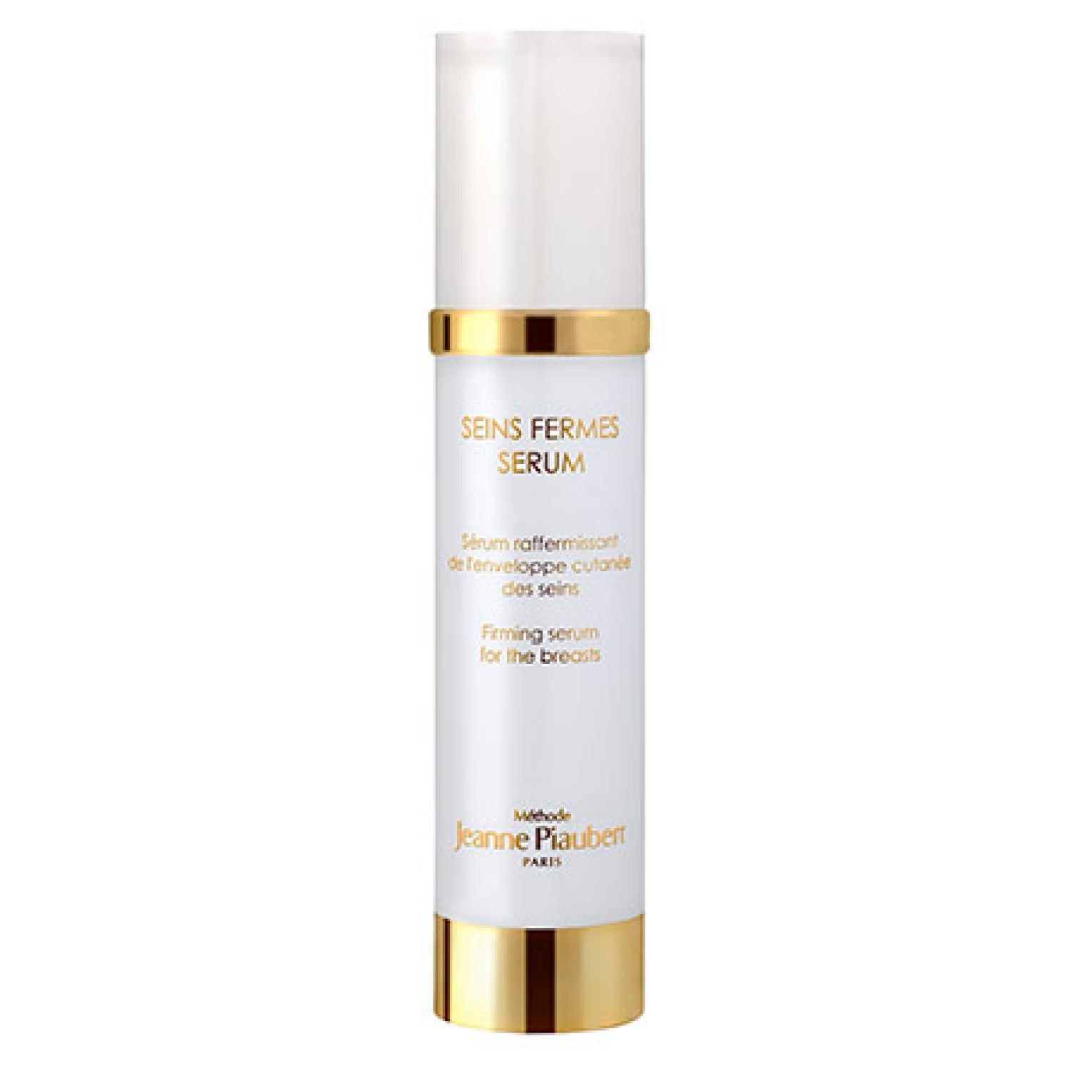 Weißes Serum mit goldener Kappe. Aufschrift: Seins Fermes Sérum, Méthode Jeanne Piaubert.