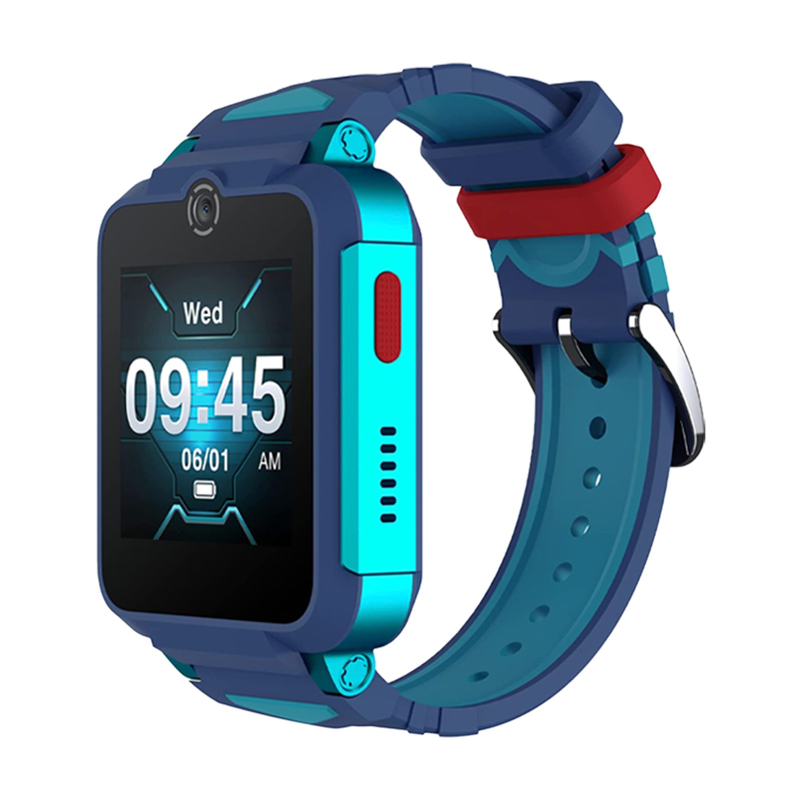 Smartwatch mit blauem Gehäuse, türkisfarbenen Akzenten und rotem Knopf. Digitales Display mit Uhrzeit.