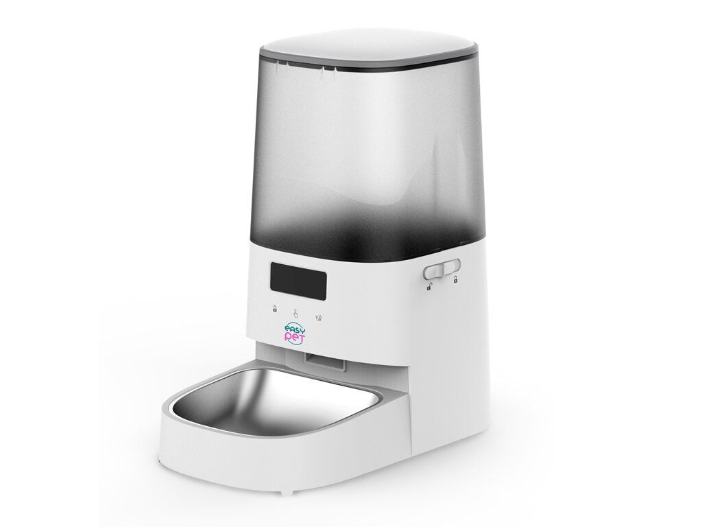 Distributore automatico di cibo bianco con contenitore trasparente. Ciotola in acciaio inox. Display digitale. Logo.