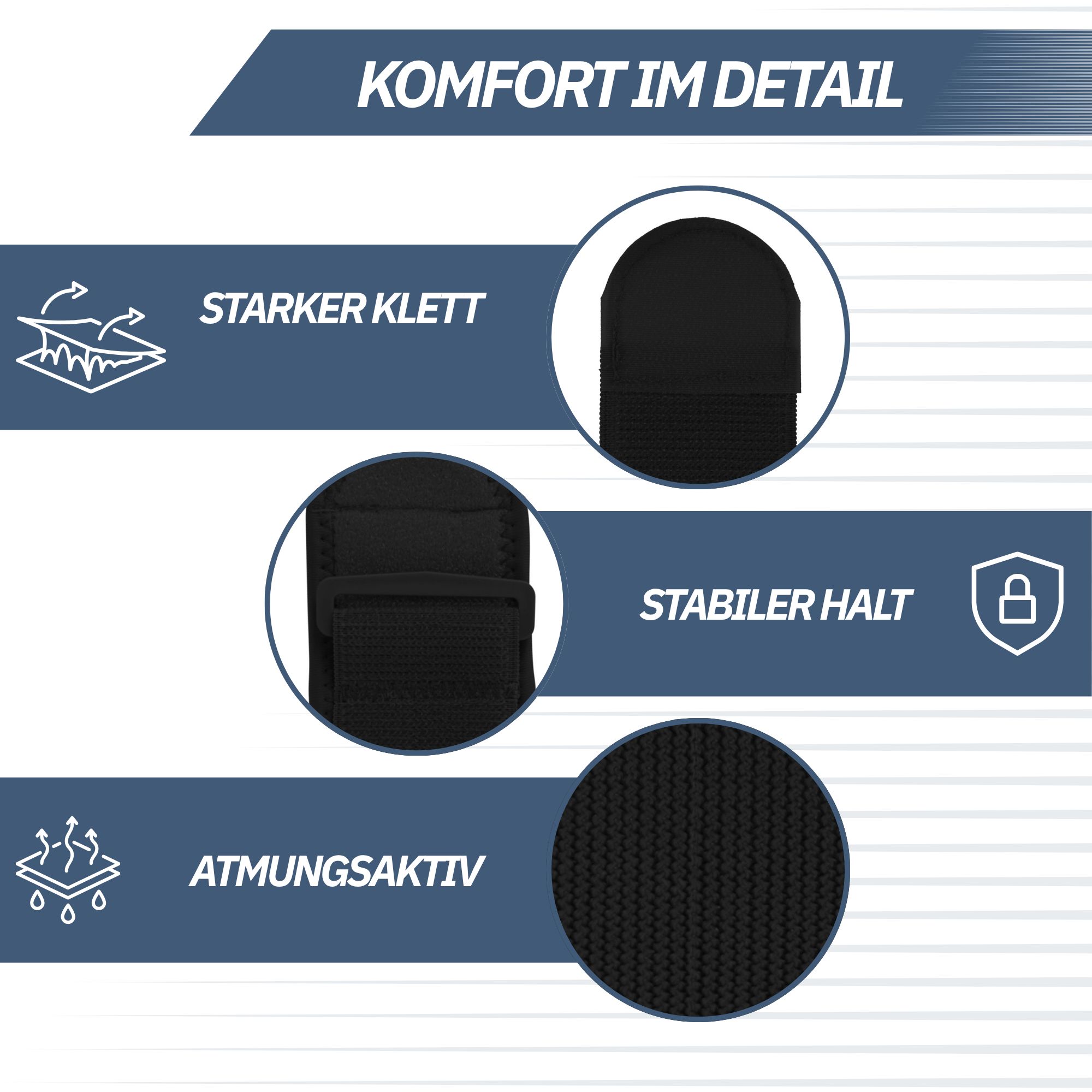 Schwarzes Bandagenmaterial mit starkem Klettverschluss und atmungsaktiver Struktur. Bietet stabilen Halt.