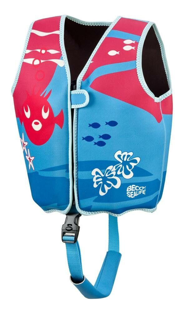 Blau-rosa Schwimmweste mit Fisch-Motiven und Reißverschluss. Marke: BECO SEALIFE. Mit Schnalle und Trägern.