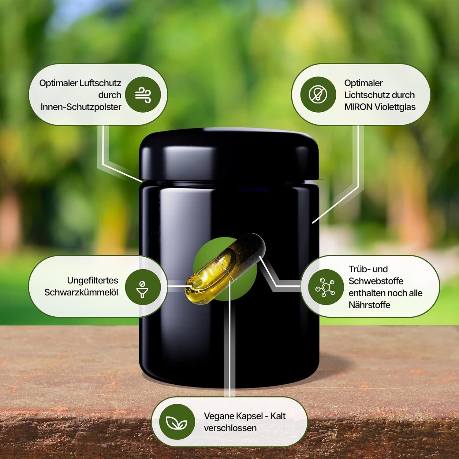 Schwarze Flasche mit Kapsel und Pfeilen. Texte: Optimaler Luftschutz, MIRON Violettglas, ungefiltertes Schwarzkümmelöl, Nährstoffe, vegane Kapsel.