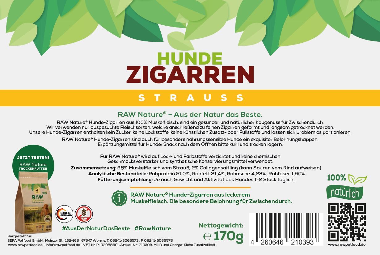 RAW Nature Hundesnack, Strauß Hunde-Zigarren, Dörrfleisch Kausnack