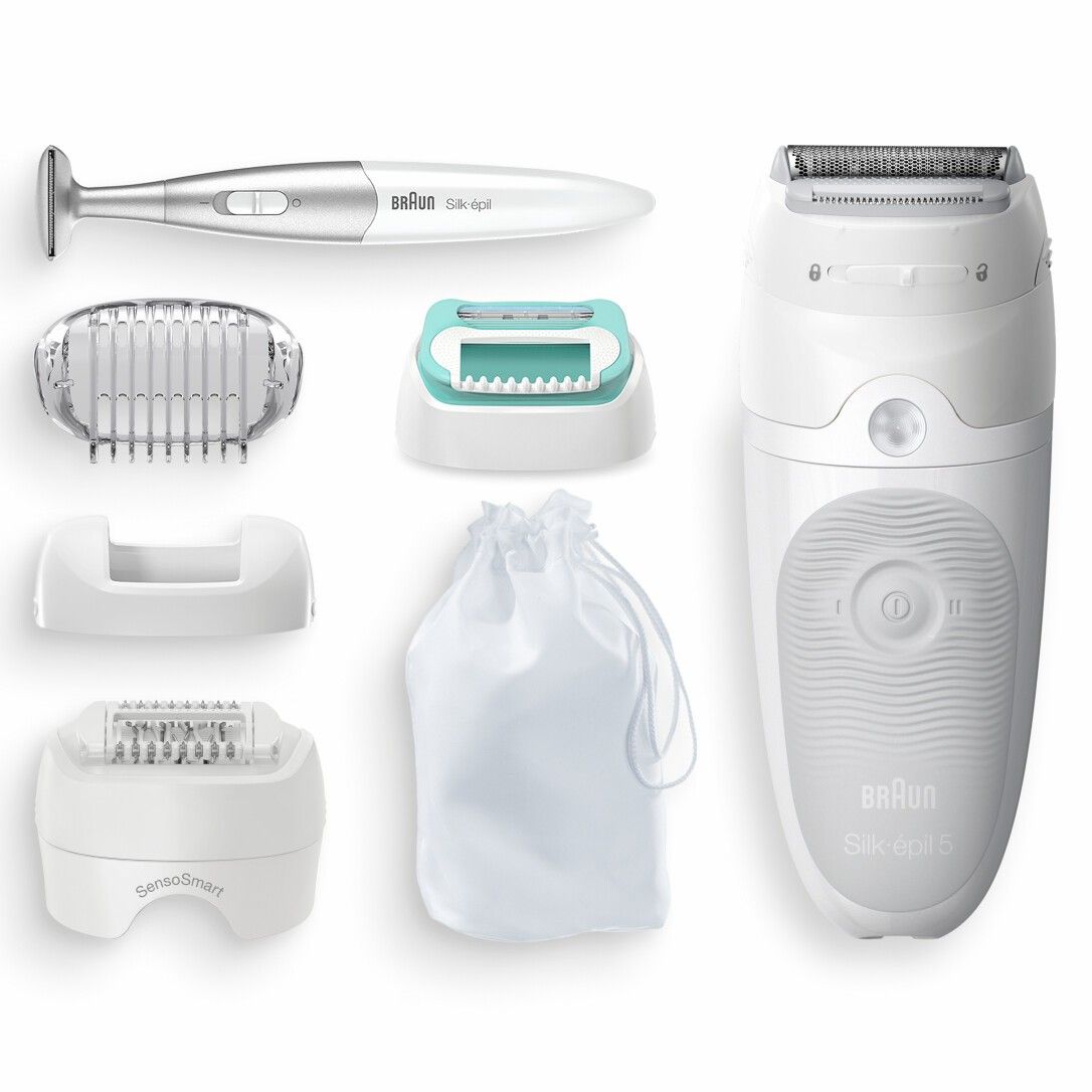 Weißer Epilierer mit Zubehör: Aufsätze, Trimmer, Beutel. Braun Silk-épil 5.