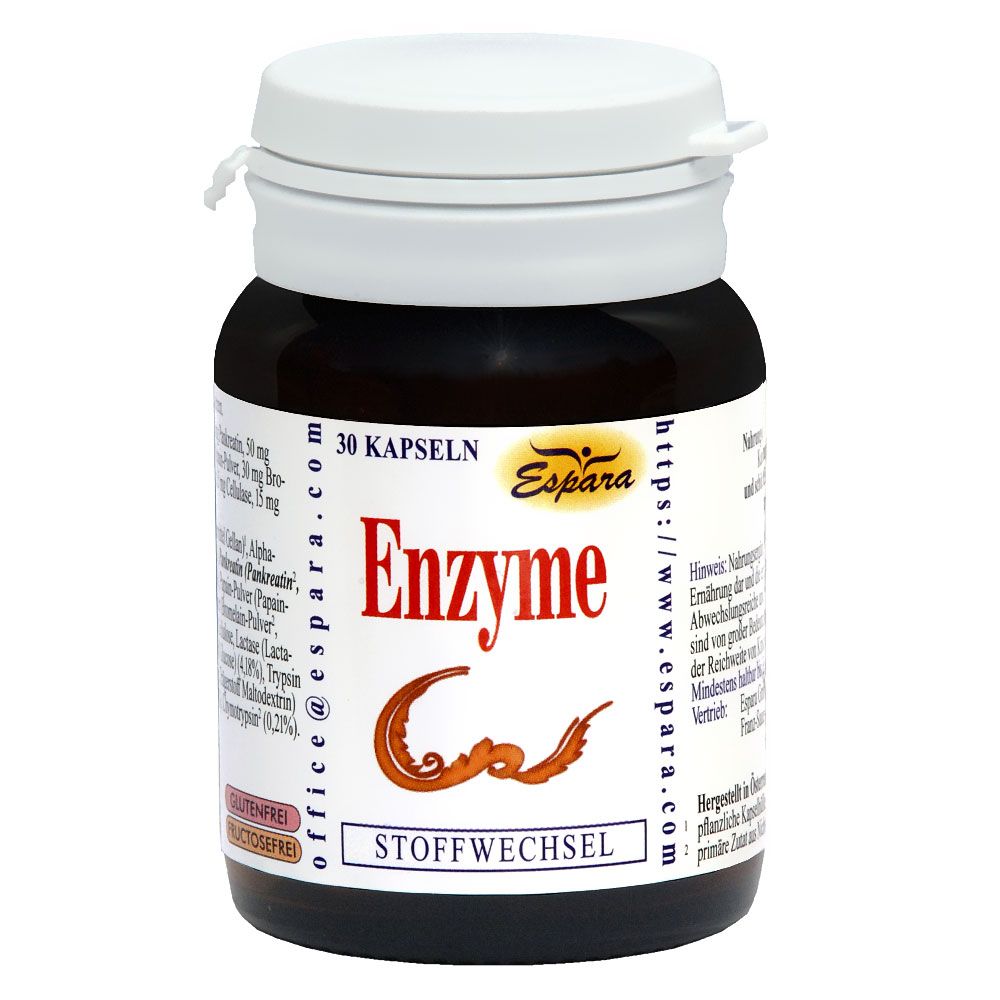 Braune Kapsel-Dose mit weißem Deckel. Aufschrift: Enzyme, 30 Kapseln, Stoffwechsel. Marke Espara.