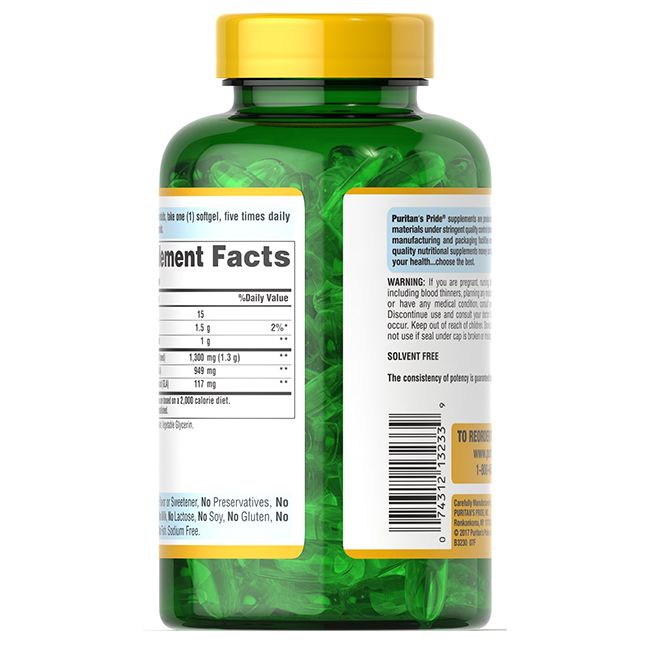 Grüne Flasche mit Kapseln. Etikett mit Nährwertangaben und Barcode. Gelber Deckel.