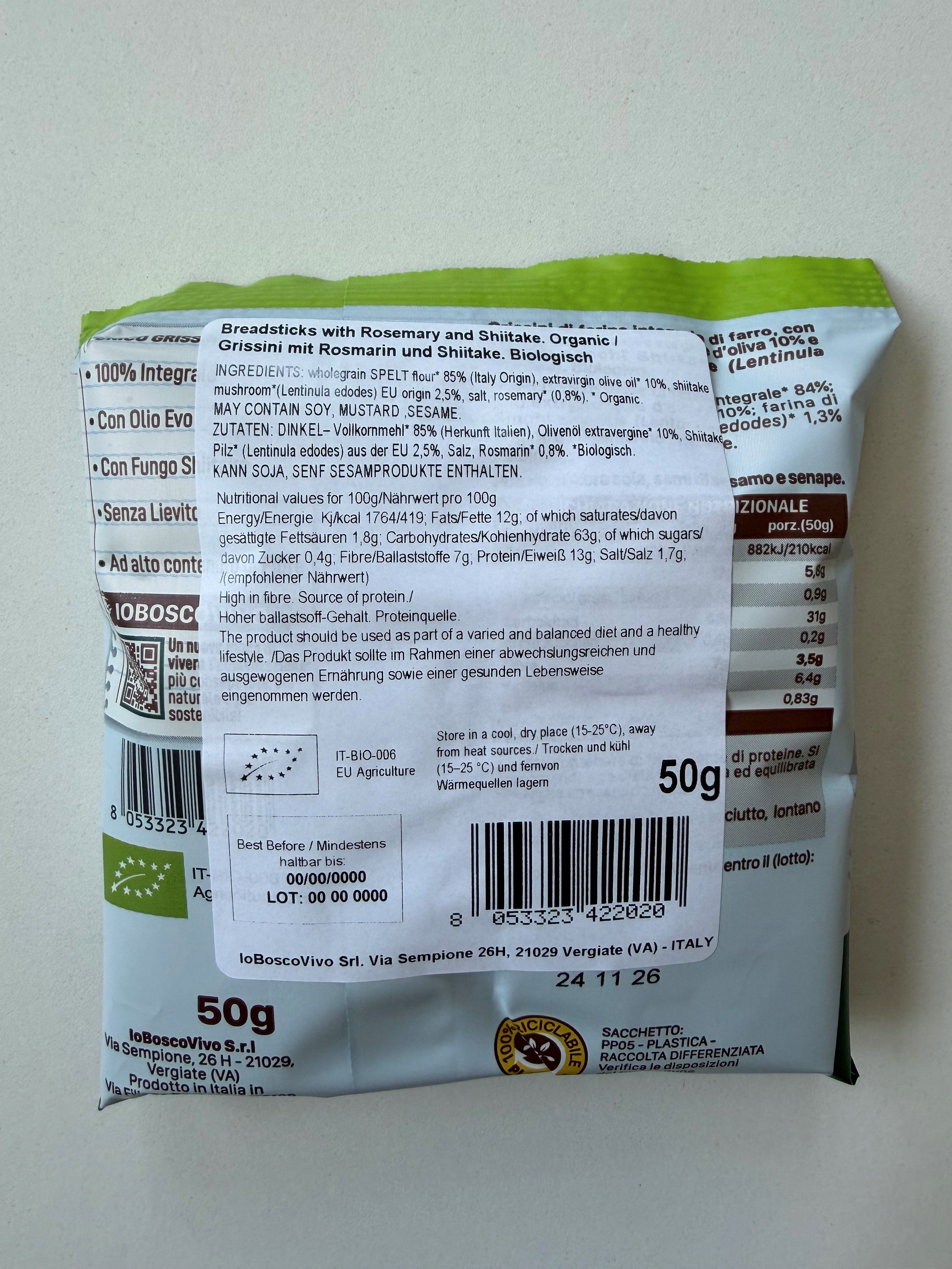 IoBoscoVivo Bio-Grissini Rosmarin & Shiitake, hefefrei, nur mit Vollkorndinkel & Olivenöl