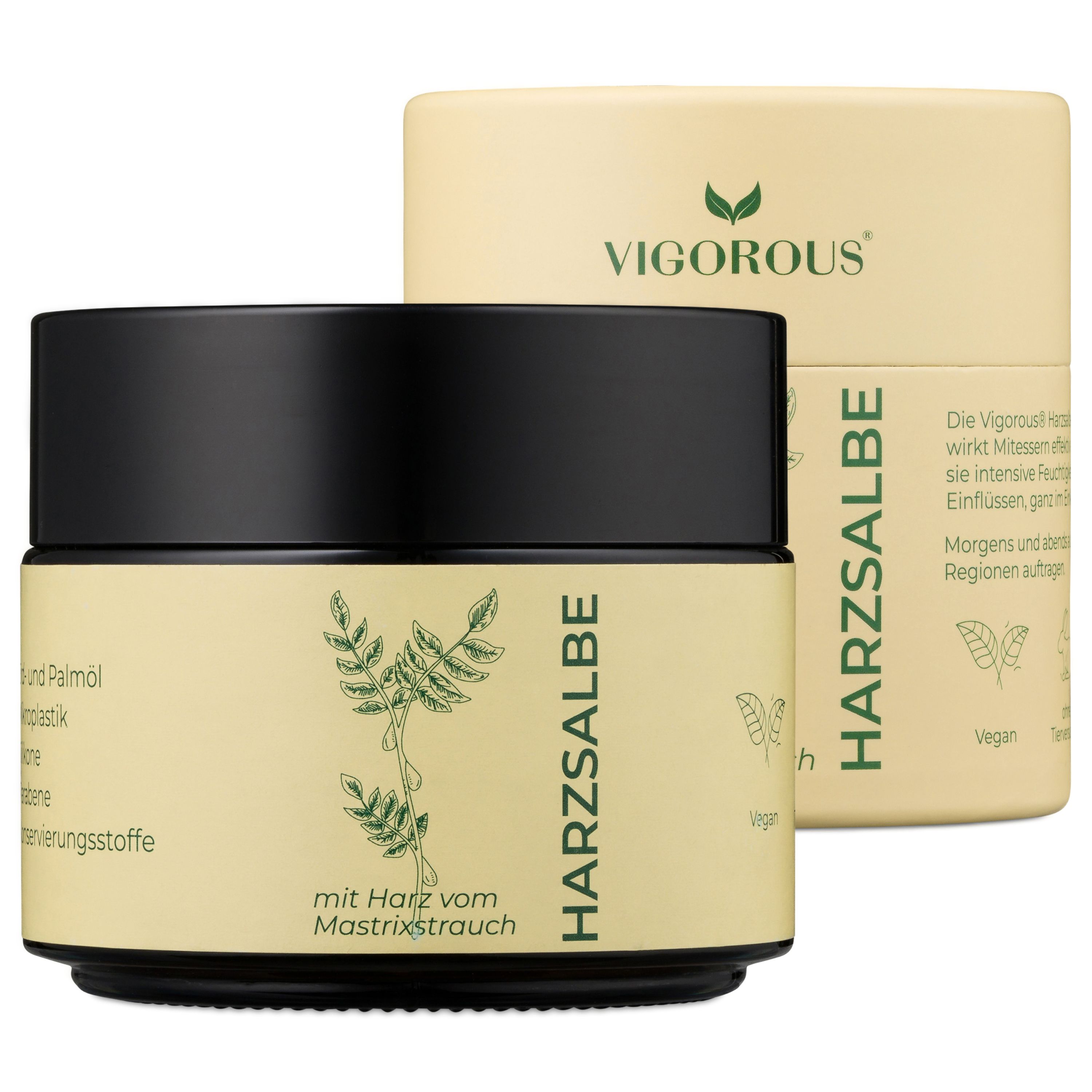 Creme-Tiegel mit schwarzem Deckel und Karton. Aufschrift: HARZSALBE, VIGOROUS®. Mit Mastixharz vom Mastrixstrauch.