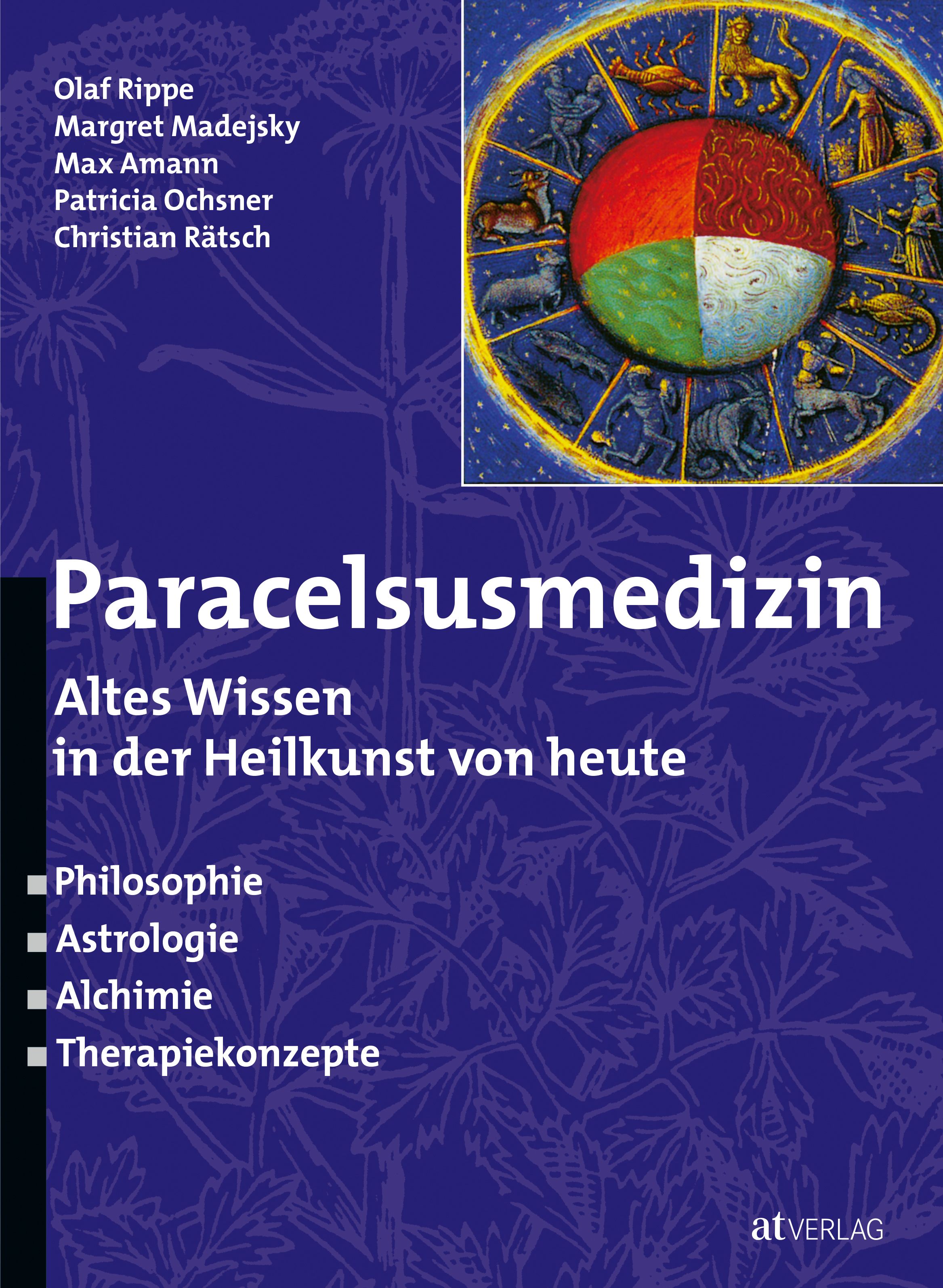 Buchcover: Paracelsusmedizin. Titel in Weiß. Autorennamen oben links. Astrologie-Illustration oben rechts. Verlag Logo unten rechts.