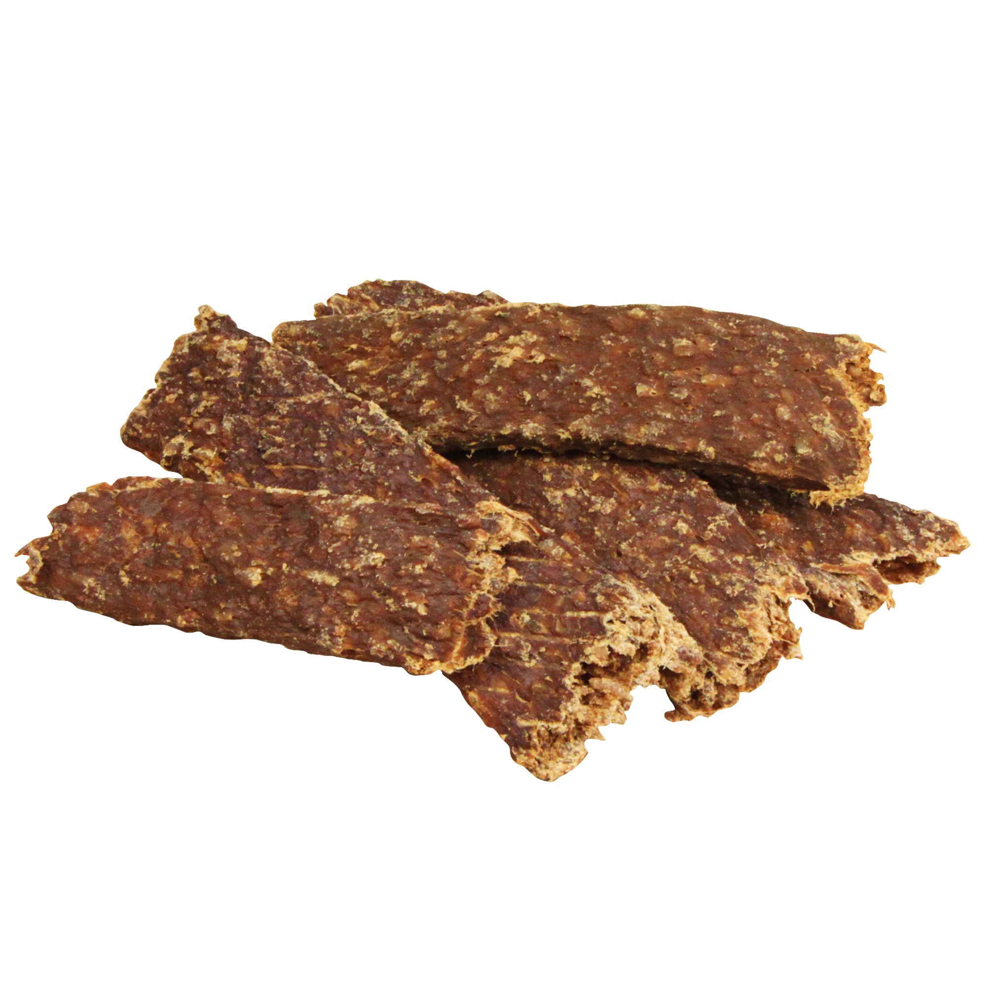 Mehrere braune Streifen. Produkt: Schecker Pur-Plus-Streifen Lamm mit Reis. Ohne Verpackung. Auf weißem Hintergrund.