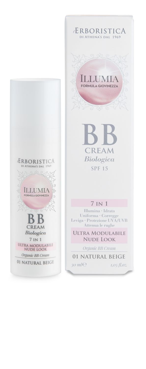 BB Cream von Erboristica. Weiße Tube und Schachtel. Aufschrift: Illumia, BB Cream, 7 in 1, Nude Look, Natural Beige 01.