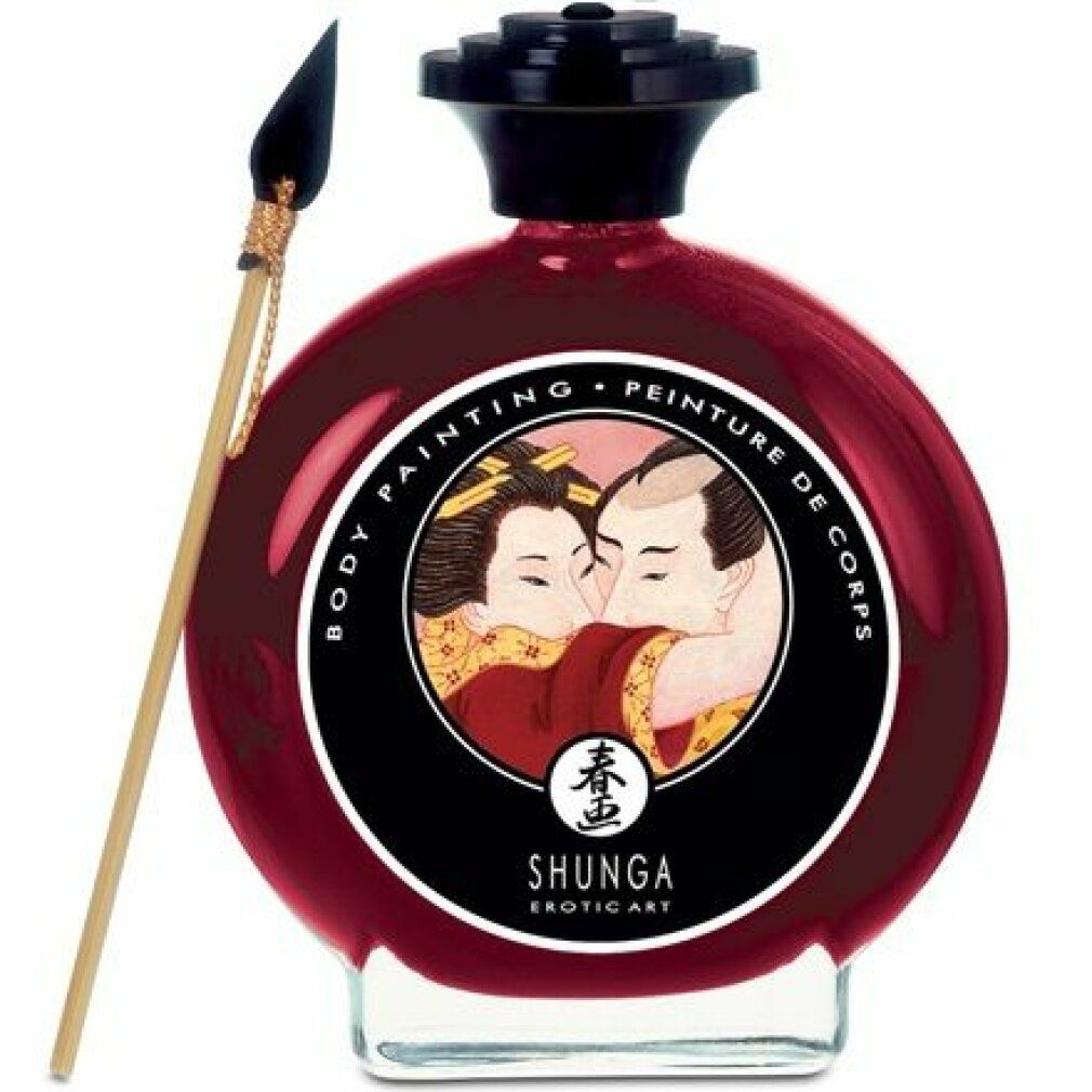 Runde Flasche mit roter Flüssigkeit, schwarzem Deckel und Etikett mit Paar-Illustration. Inklusive Pinsel.