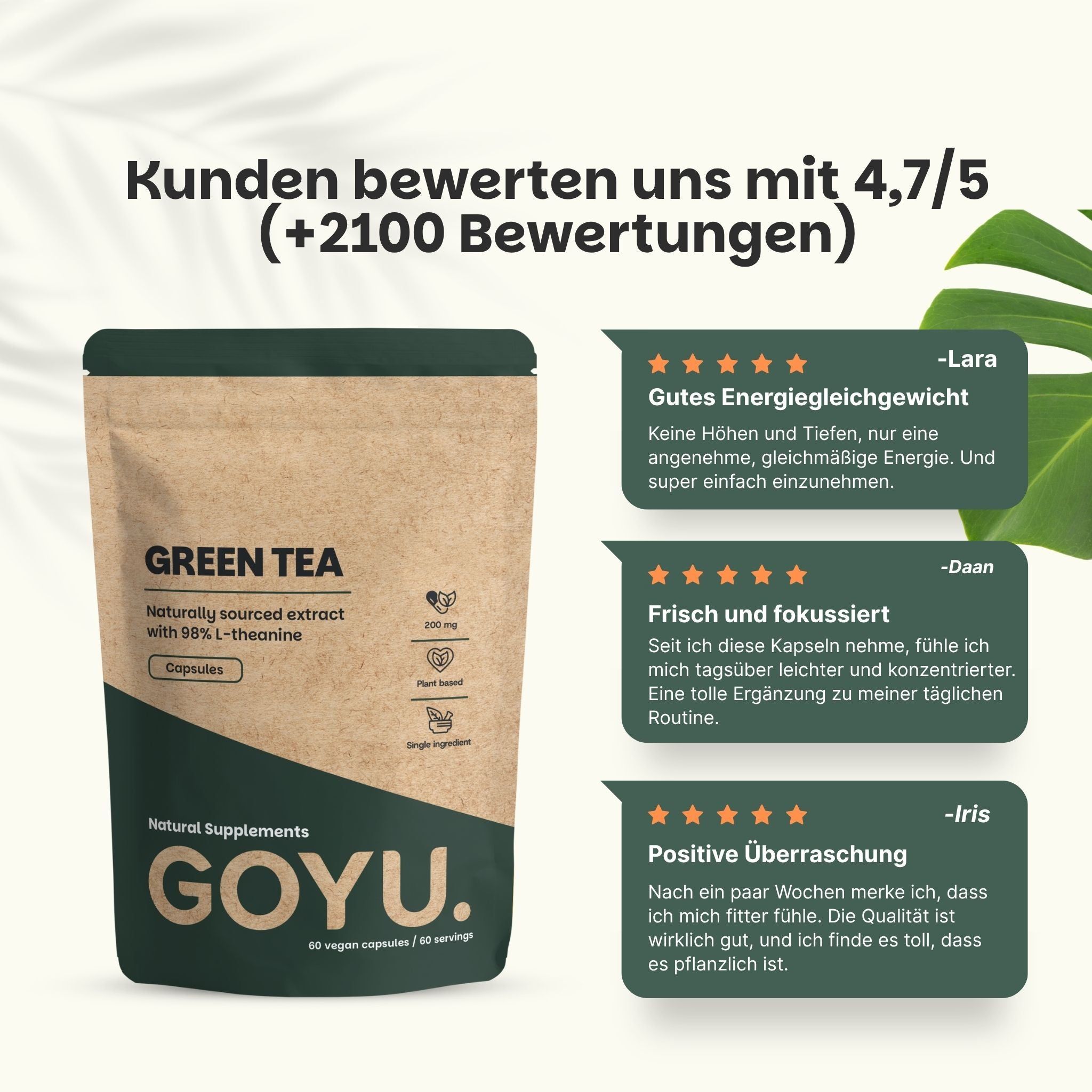 Grüner Tee Extrakt Kapseln in brauner Papiertüte. 100% natürlich, vegan, 200 mg.
