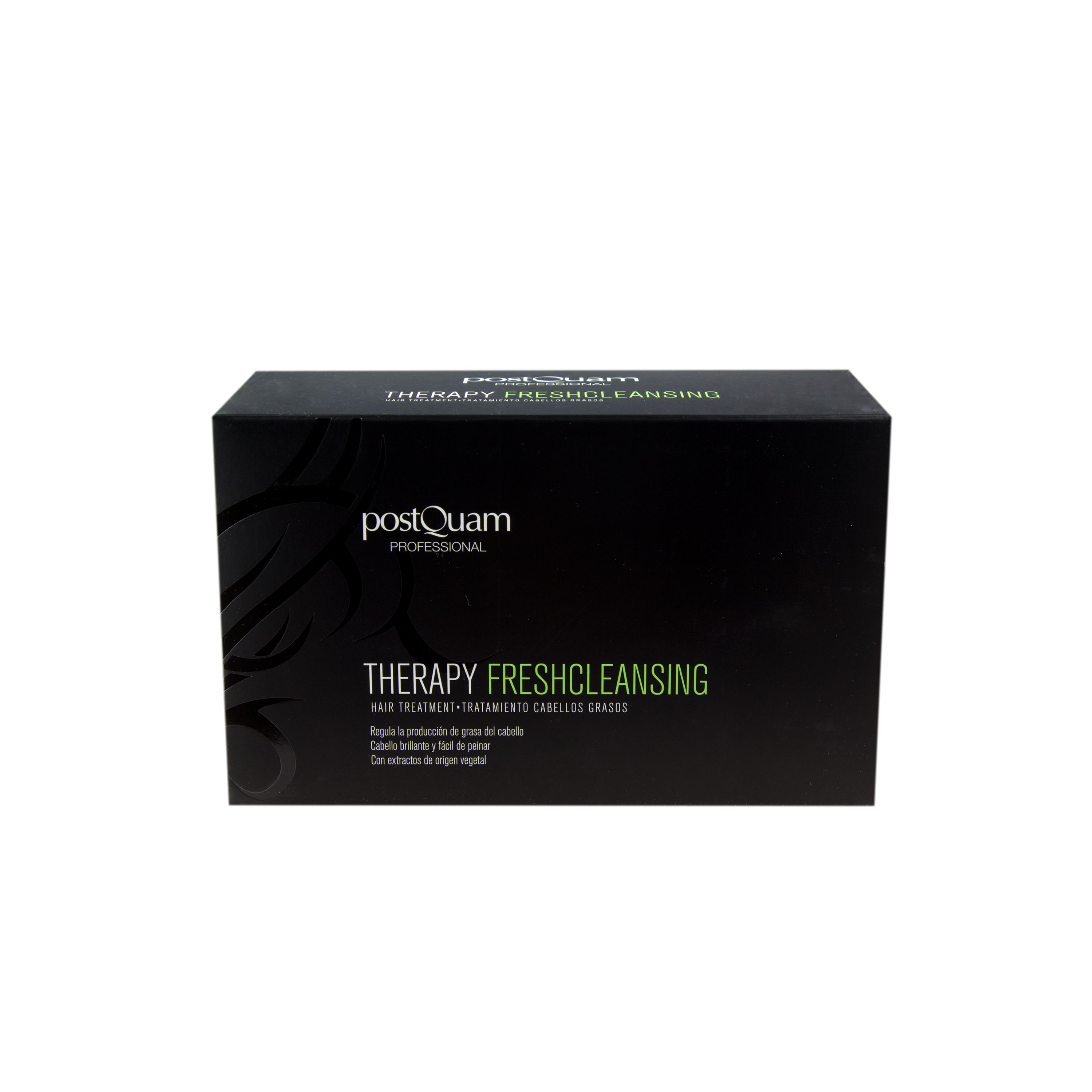 Schwarze Produktverpackung mit weißer Schrift. Aufschrift: Therapy Fresh Cleansing. Marke: PostQuam Professional.