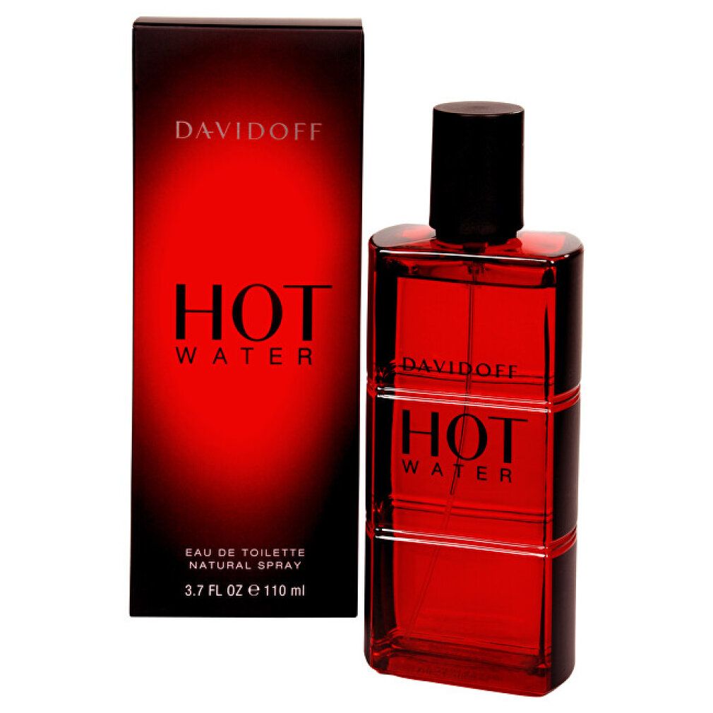 Davidoff Hot Water Eau de Toilette Flakon und Verpackung. Roter Flakon mit schwarzem Verschluss. Schwarze Verpackung mit rotem Farbverlauf.