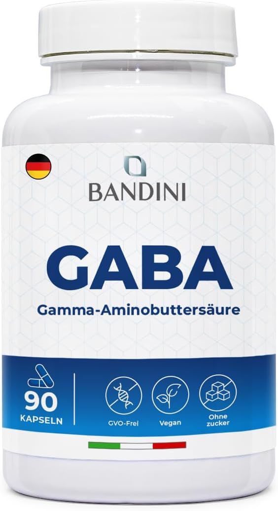 Weiße Flasche mit GABA Kapseln. Aufschrift: Bandini, GABA, 90 Kapseln. GVO-frei, vegan, ohne Zucker.